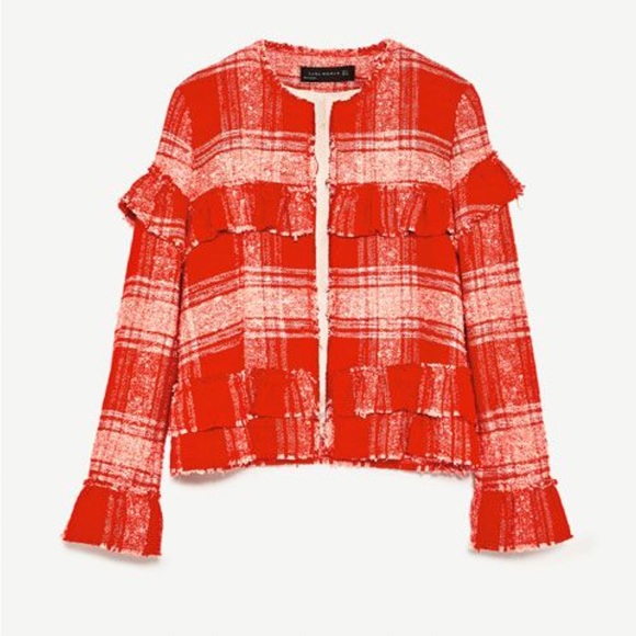 Zara women’s frayed ruffle red and white open front tweed jacket size M - Picture 1 of 8